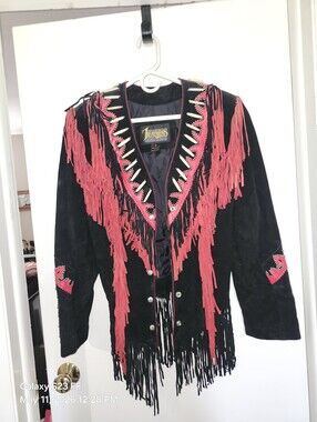 Black Suede Fringe Jacket with Red Trim by Legends Leathers